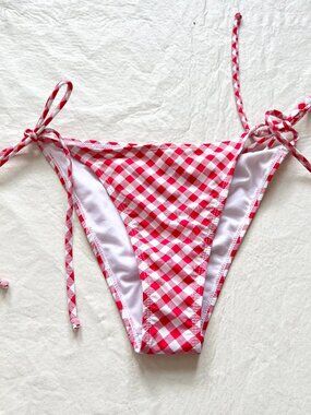 Betty Jade bikini bottoms large red white gingham side tie plaid swimsuit string